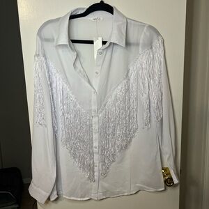 White fringe long sleeve button up shirt